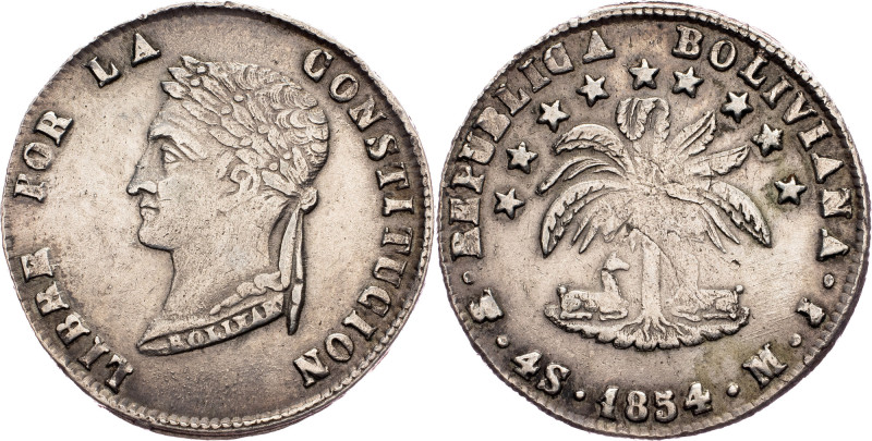 Republic, 4 Soles 1854, Potosi Bolivia, Republic, 4 Soles 1854, Potosi, 13,505 g...