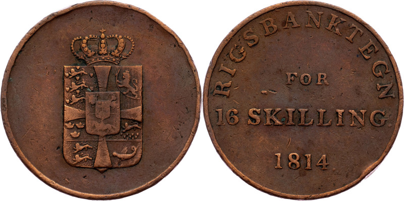 Frederik VI, 16 Skilling 1814, Rigsbank Token Denmark, Frederik VI, 16 Skilling ...