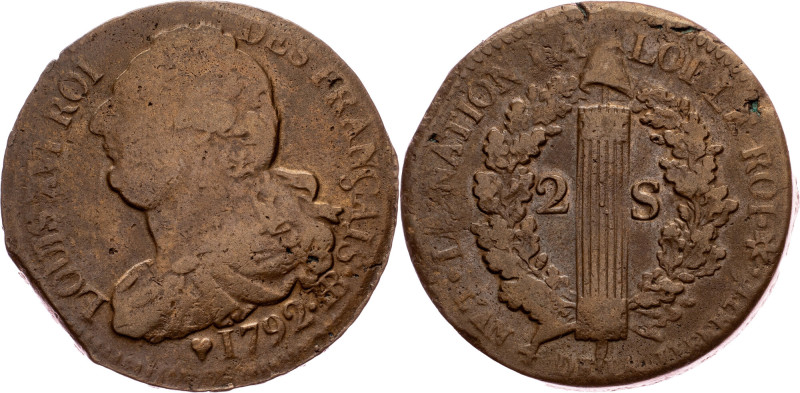 Louis XVI, 2 Sols 1792, Strasbourg France, Louis XVI, 2 Sols 1792, Strasbourg, 2...