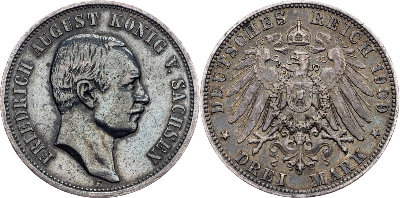 Friedrich August III, 3 Mark 1909, Muldenhutten Germany, Friedrich August III, 3...