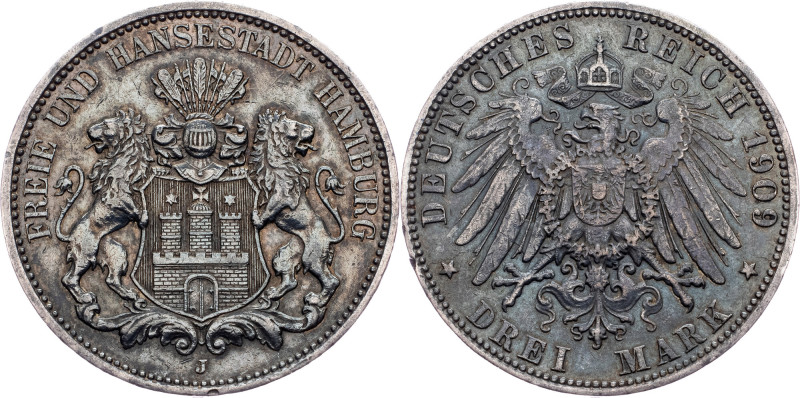 Hamburg Free City, 3 Mark 1909 Germany, Hamburg Free City, 3 Mark 1909, 16,616 g...