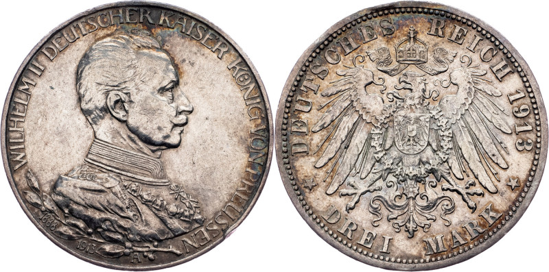 Wilhelm II, 3 Mark 1913, Berlin Germany, Wilhelm II, 3 Mark 1913, Berlin, 16,617...