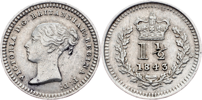 Victoria, 1 1/2 Pence 1843, London Great Britain, Victoria, 1 1/2 Pence 1843, Lo...