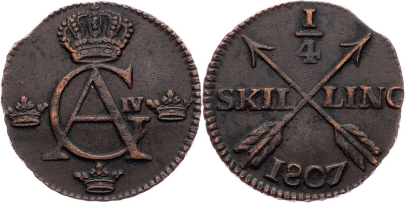 Gustav IV Adolf, 1/4 Skilling 1807, Avesta Sweden, Gustav IV Adolf, 1/4 Skilling...