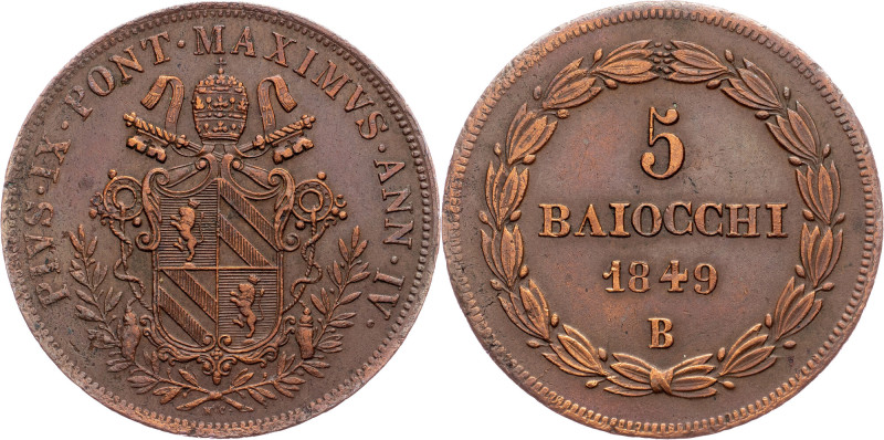 Pius IX, 5 Baiocchi 1849, B Vatican, Pius IX, 5 Baiocchi 1849, B, 36,204 g, Copp...