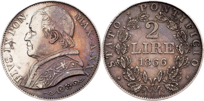 Pius IX, 2 Lire 1866 Vatican, Pius IX, 2 Lire 1866, 9,946 g, Ag (835/1000), KM# ...