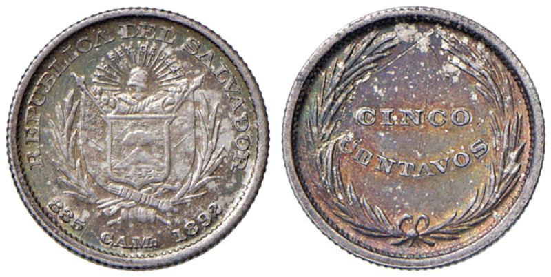 EL SALVADOR (1870-1940) 5 Centavos 1892 C.A.M. - KM 109 AG (g 1,27) RR Segni nel...