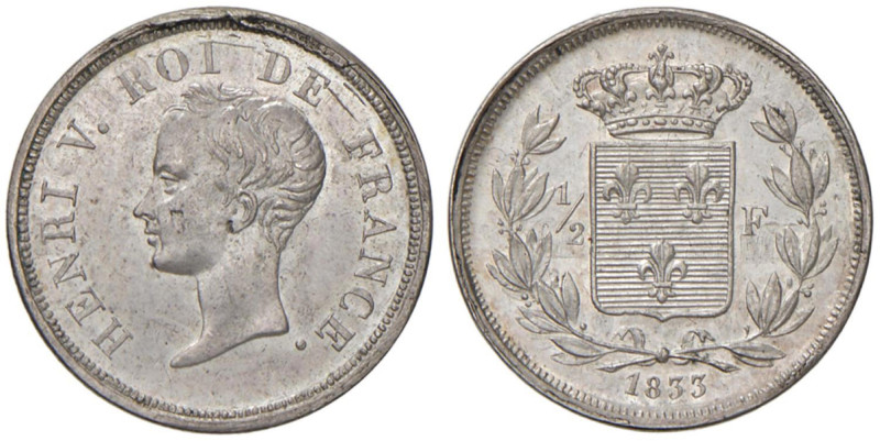 FRANCIA Enrico V (1830-1883) 1/2 Franco 1833 - Maz. 914 AG (g 2,48) RR Lievi man...