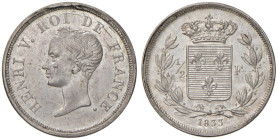 FRANCIA Enrico V (1830-1883) 1/2 Franco 1833 - Maz. 914 AG (g 2,48) RR Lievi mancanze e difetto al margine del D/. Tracce di ribattitura.

SPL-FDC