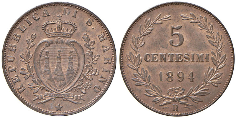 SAN MARINO Vecchia monetazione (1864-1938) 5 Centesimi 1894 - Gig. 39 (g 5,00) C...