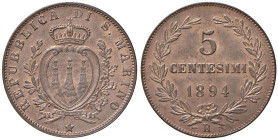 SAN MARINO Vecchia monetazione (1864-1938) 5 Centesimi 1894 - Gig. 39 (g 5,00) CU

FDC