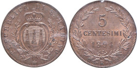 SAN MARINO Vecchia monetazione (1864-1938) 5 Centesimi 1894 - Gig. 39 CU Periziata FDC da Paolo Noris. 

FDC