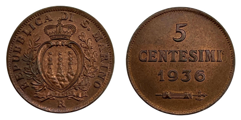 SAN MARINO Vecchia monetazione (1864-1938) 5 Centesimi 1936 - Gig. 41 CU (g 3,25...