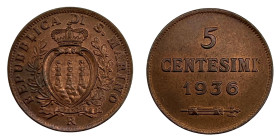 SAN MARINO Vecchia monetazione (1864-1938) 5 Centesimi 1936 - Gig. 41 CU (g 3,25)

FDC