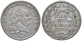 PARMA Ferdinando di Borbone (1765-1802) 3 Lire 1791 - MIR 1076/2 AG (g 3,51)

BB