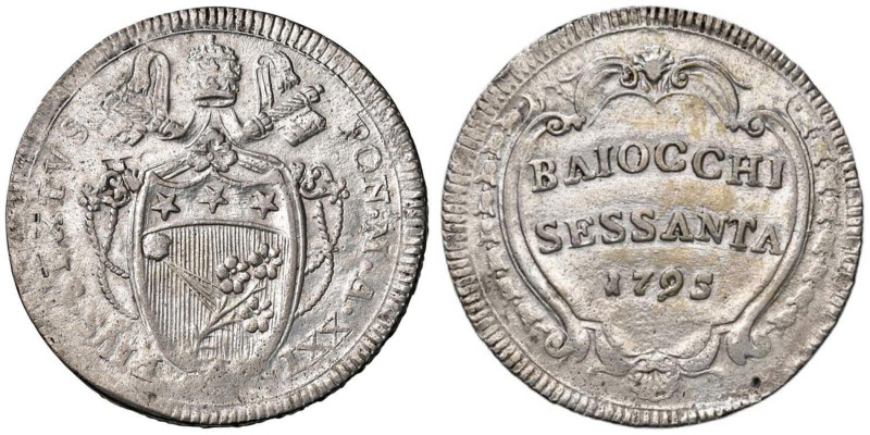 Pio VI (1775-1799) 60 Baiocchi 1795 - Munt. 59 MI (g 22,37) RR Stemma più strett...