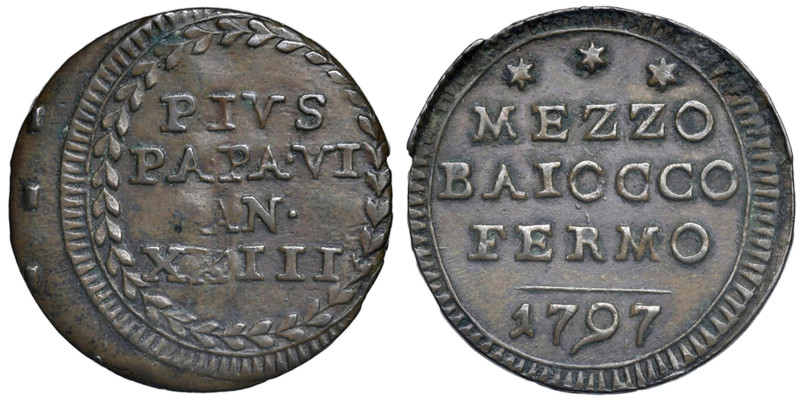 Pio VI (1775-1799) Fermo - Mezzo baiocco 1797 An. XXIII - Munt. 324 CU (g 4,31)...