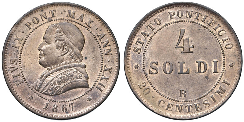Pio IX (1846-1878) 4 Soldi o 20 Centesimi 1867 An. XXII - Munt. 58b CU/SN/ZN (g ...