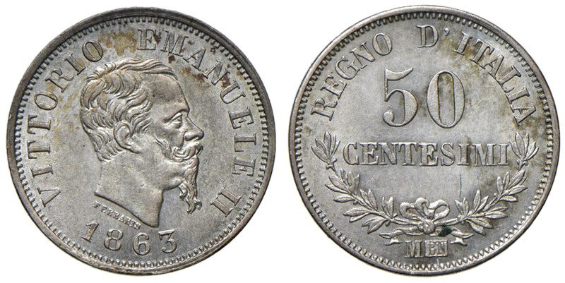 Vittorio Emanuele II (1861-1878) 50 Centesimi 1863 M valore - Nomisma 925 AG 
...