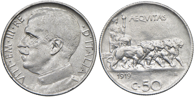 Vittorio Emanuele III (1900-1946) 50 Centesimi "Leoni" 1919 contorno rigato - No...