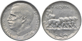 Vittorio Emanuele III (1900-1946) 50 Centesimi "Leoni" 1921 contorno rigato - Nomisma 1238 NI

BB-SPL