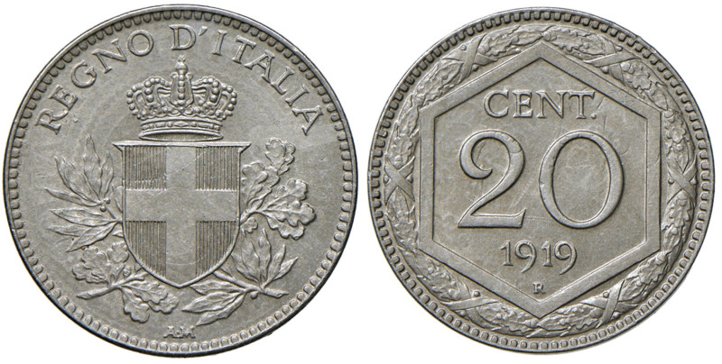 Vittorio Emanuele III (1900-1946) 20 Centesimi "Esagono" 1919 contorno liscio - ...