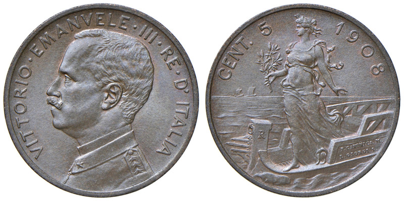 Vittorio Emanuele III (1900-1946) 5 Centesimi "Italia su prora" 1908 - Nomisma 1...