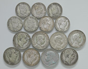 REGNO d'ITALIA (1861-1946) Lotto di 15 monete in argento: Vittorio Emanuele II 5 Monete da una Lira anno 1863 M; Umberto I 4 monete da 2 Lire anni 188...