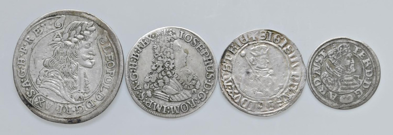 WORLD COINS Lotto di 4 monete d'argento: 15 Kreuzer 1680, 6 Kreuzer 1767, 6 Kreu...