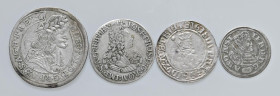 WORLD COINS Lotto di 4 monete d'argento: 15 Kreuzer 1680, 6 Kreuzer 1767, 6 Kreuzer, e una moneta di argento da identificare.

Come da foto