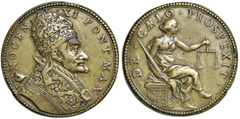 Innocenzo XI (1676-1689) Medaglia coniata senza data - La Giustizia seduta con s...