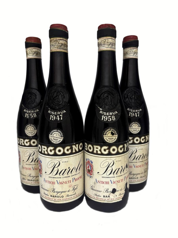 Barolo Borgogno Riserva Langhe 1947 - 2 bts TS 1958 - 2 bts TS Etichette e capsu...