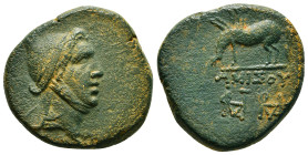 PONTOS. Amisos. Time of Mithradates VI Eupator (Circa 100-95 or 80-70 BC). Ae.
Obv: Head of Perseus right, wearing Phrygian cap.
Rev: AMIΣOY.
Pegasos ...