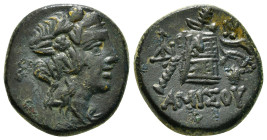 ONTOS. Amisos. Time of Mithradates VI Eupator (Circa 105-90 or 90-85 BC). Ae.
Obv: Head of Dionysos right, wearing ivy wreath.
Rev: AMIΣOY.
Thyrsos le...