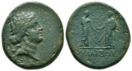 Pontos, Amisos Æ25. Time of Augustus, circa 31 BC - AD 14. Diademed head (of Apollo?) right; monogram below/ ΑΜΙΣHNΩN, Amisos standing to right, holdi...