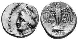 PONTOS. Amisos. Drachm (Late 5th-4th century BC).
Obv: Head of Hera left, wearing ornamented stephanos.
Rev: AIΓI ΠEIPA.
Eagle, with spread wings, sta...