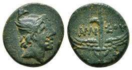 PONTOS. Amisos. Ae (Circa 85-65 BC). Time of Mithradates VI Eupator.
Obv: Head of Perseus right, wearing a winged helmet.
Rev: AMI-ΣOY.
Winged harpa; ...