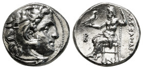 KINGS OF MACEDON. Alexander III 'the Great' (336-323 BC). Drachm.
Obv: Head of Herakles right, wearing lion skin.
Rev: AΛΕΞΑΝΔΡΟΥ.
Zeus seated left on...