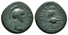 PHRYGIA. Synnada. Pseudo-autonomous. Time of Claudius (41-54). Ae. Artemon, tropheus and high priest.
Obv: CYNNAΔЄΩN.
Helmeted and draped bust of Athe...