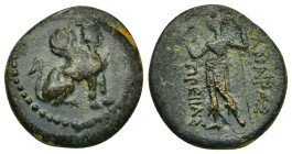 PAMPHYLIA. Perge. Ae (Circa 260-230 BC).
Obv: Sphinx seated right, wearing kalathos.
Rev: ИANAΨAΣ / ΠPEIIAΣ.
Artemis standing left, holding wreath and...