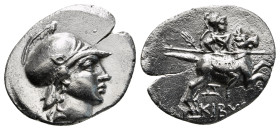 PHRYGIA. Kibyra (2nd-1st century BC). Drachm.
Obv: Helmeted male head right.
Rev: ΚΙΒΥΡΑΤΩΝ.
Warrior riding horse right, holding spear; branch behi...