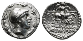 PHRYGIA, Kibyra. Circa 166-84 BC. AR Drachm 2,82 g - 16,22 mm Male head right, wearing crested helmet / Horseman galloping right, holding couched spea...