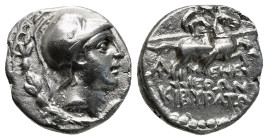 PHRYGIA, Kibyra. Circa 166-84 BC. AR Drachm 3,03 g - 14,11 mm Male head right, wearing crested helmet / Horseman galloping right, holding couched spea...