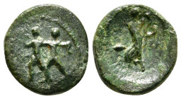 PISIDIA. Etenna. Ae (1st century BC).
Obv: Two men running left, holding curved knives.
Rev: ET - EN.
Nymph advancing right, head left, holding coiled...