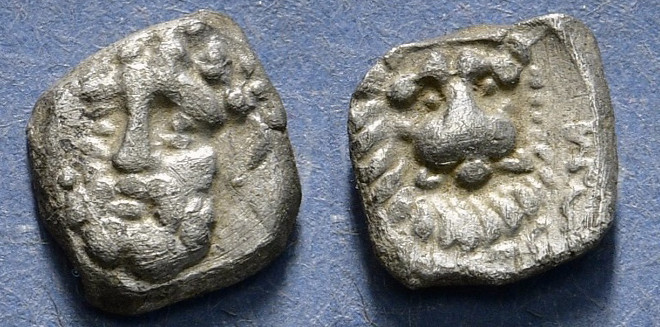 CILICIA. Isaura. Circa 333-322 BC. AR Hemiobol.
Obv: Head of Herakles facing sli...