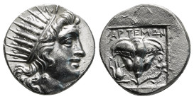 CARIA. Rhodes. Drachm (Circa 190-170 BC).
Obv: Radiate head of Helios right.
Rev: P - O.
Rose with bud to right. Control: all within incuse square....