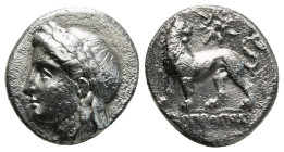 IONIA. Miletos. Drachm (Circa 259-246 BC). 
Obv: Laureate head of Apollo left.
Rev:
Lion standing left, head right; to left, monogram; star above.
Dep...