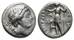 PAMPHYLIA. Perge. Drachm (3rd century BC).
Obv: Laureate head of Artemis right, with bow and quiver over shoulder.
Rev: APTEMIΔOΣ / ΠEPΓAIOΣ.
Artemis ...