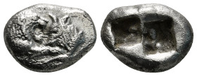 KINGS OF LYDIA. Kroisos (Circa 564/53-550/39 BC). 1/3 Stater. Sardes.
Obv: Confronted foreparts of lion and bull.
Rev: Two incuse square punches.
Berk...