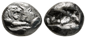 KINGS OF LYDIA. Kroisos (Circa 564/53-550/39 BC). 1/3 Stater. Sardes.
Obv: Confronted foreparts of lion and bull.
Rev: Two incuse square punches.
Berk...